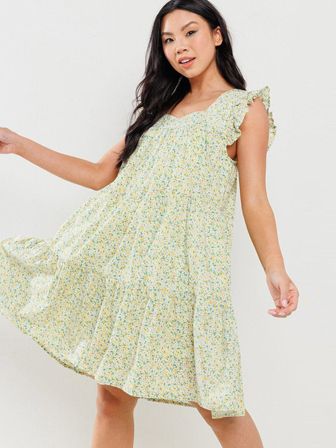 WOMEN'S SHORT RUFFLE SLEEVE POCKETS TIERED FLORAL MINI DRESS