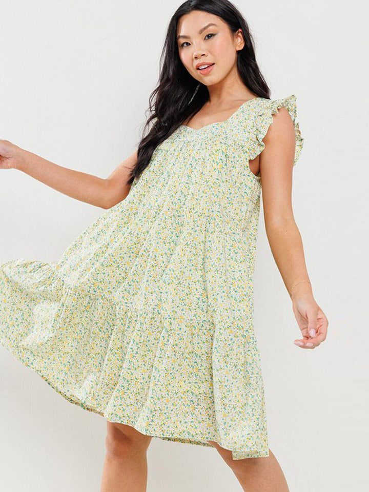 WOMEN'S SHORT RUFFLE SLEEVE POCKETS TIERED FLORAL MINI DRESS