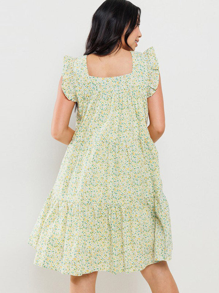 WOMEN'S SHORT RUFFLE SLEEVE POCKETS TIERED FLORAL MINI DRESS