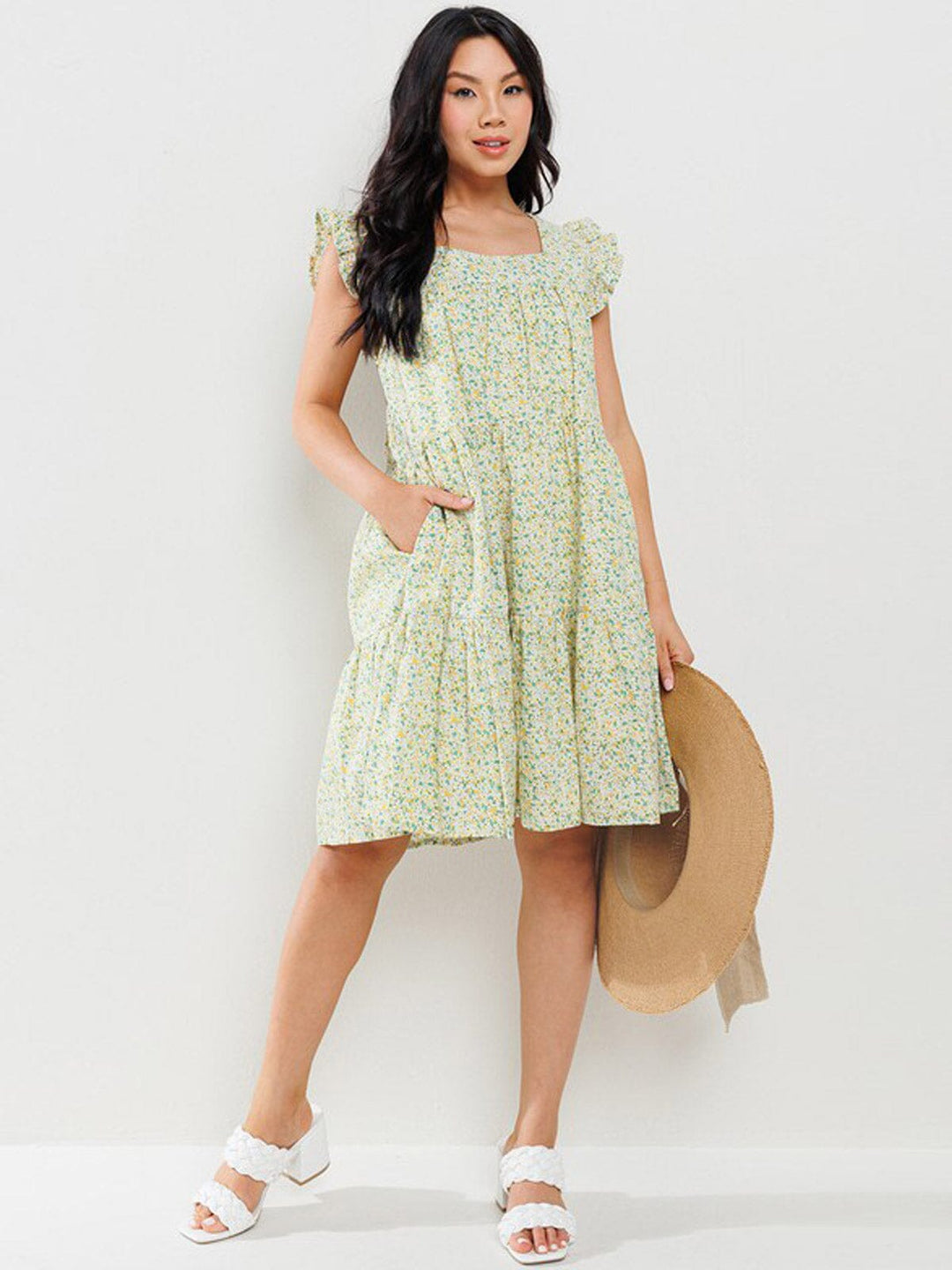 WOMEN'S SHORT RUFFLE SLEEVE POCKETS TIERED FLORAL MINI DRESS