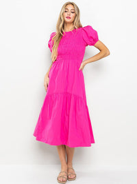 WOMEN'S SHORT PUFF SLEEVE SMOCK POCKETS TIERED MAXI DRESS