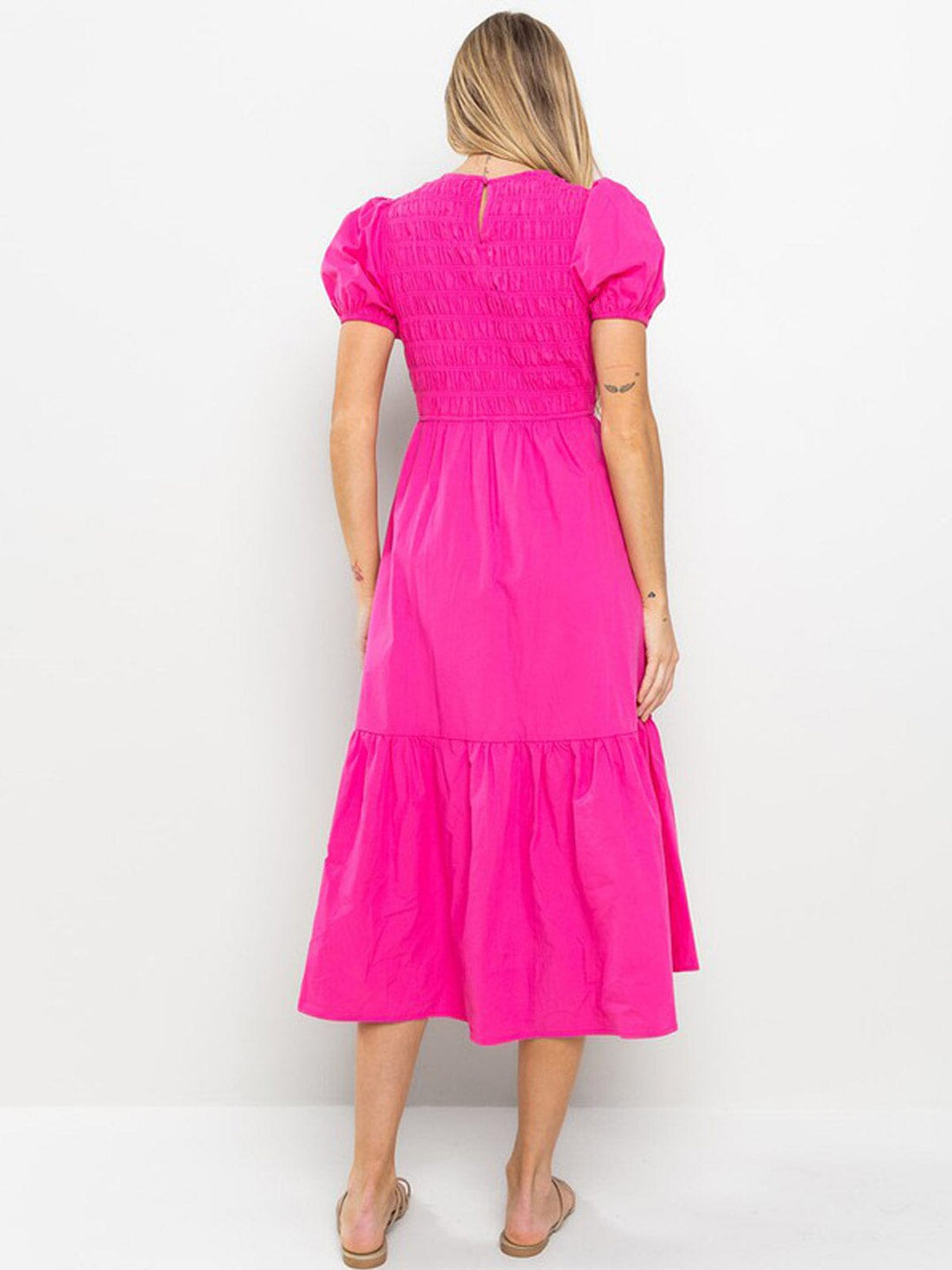 WOMEN'S SHORT PUFF SLEEVE SMOCK POCKETS TIERED MAXI DRESS
