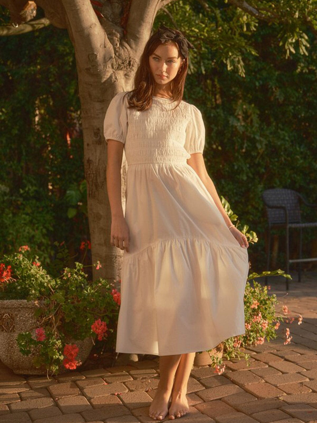 WOMEN'S SHORT PUFF SLEEVE SMOCK POCKETS TIERED MAXI DRESS