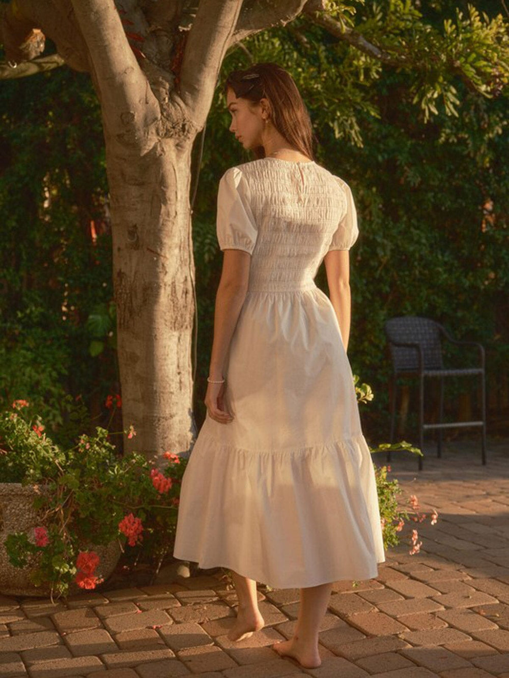 WOMEN'S SHORT PUFF SLEEVE SMOCK POCKETS TIERED MAXI DRESS