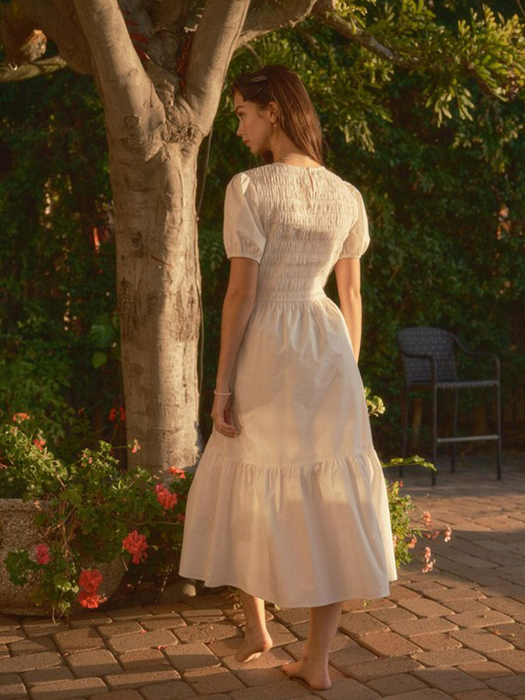 WOMEN'S SHORT PUFF SLEEVE SMOCK POCKETS TIERED MAXI DRESS