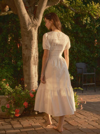 WOMEN'S SHORT PUFF SLEEVE SMOCK POCKETS TIERED MAXI DRESS