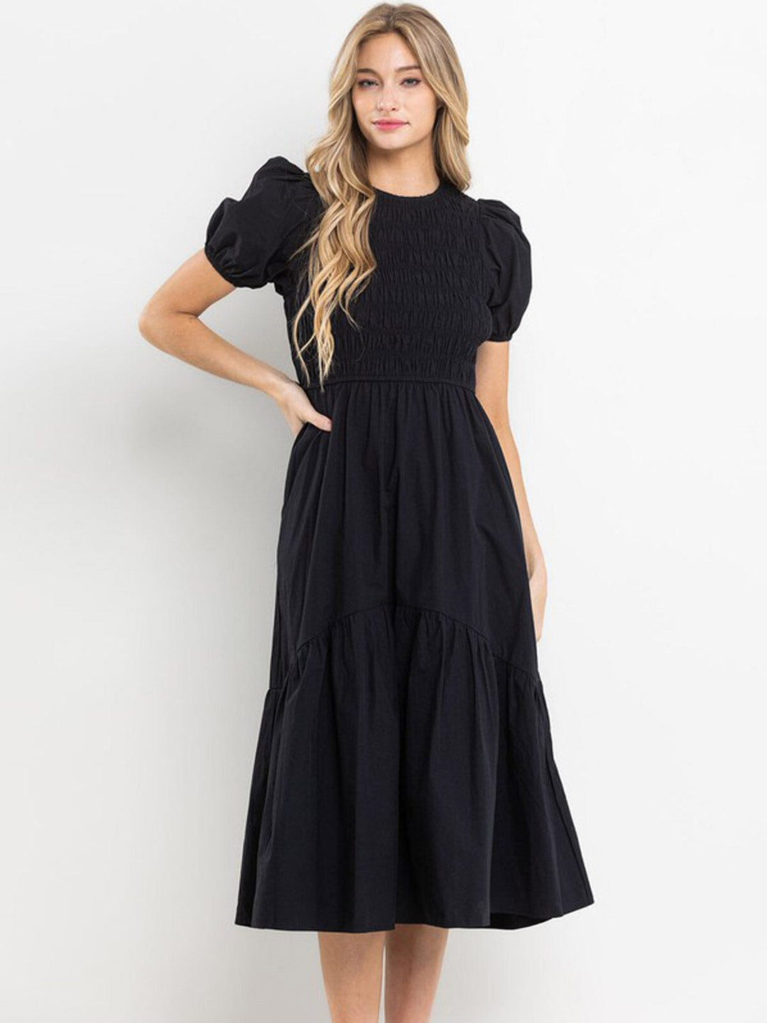 WOMEN'S SHORT PUFF SLEEVE SMOCK POCKETS TIERED MAXI DRESS