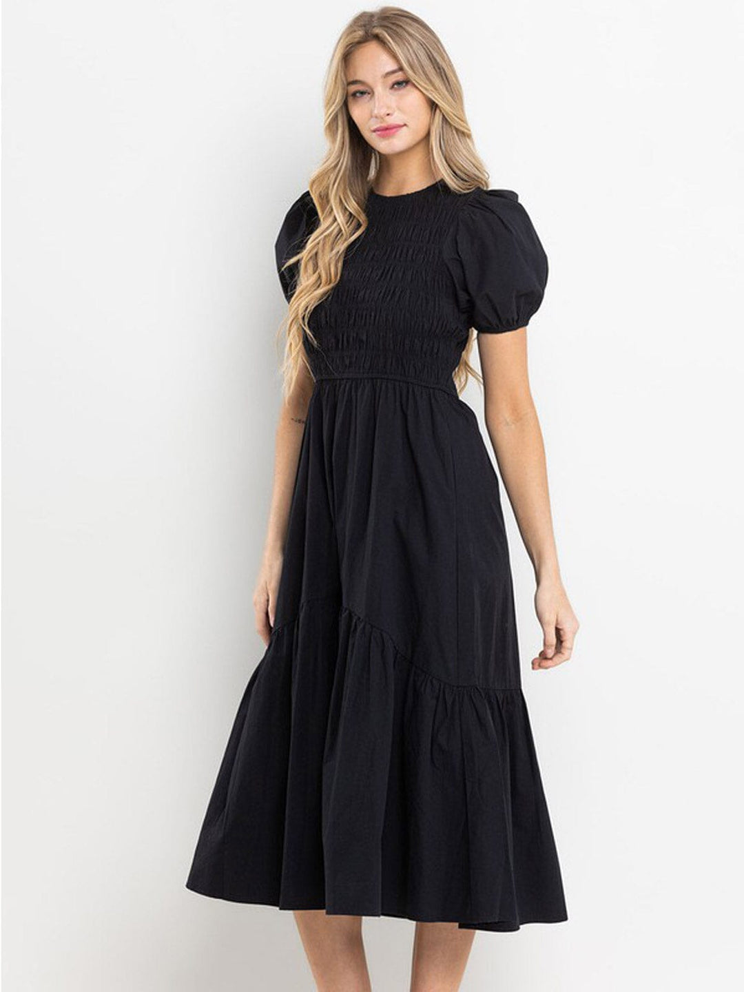 WOMEN'S SHORT PUFF SLEEVE SMOCK POCKETS TIERED MAXI DRESS