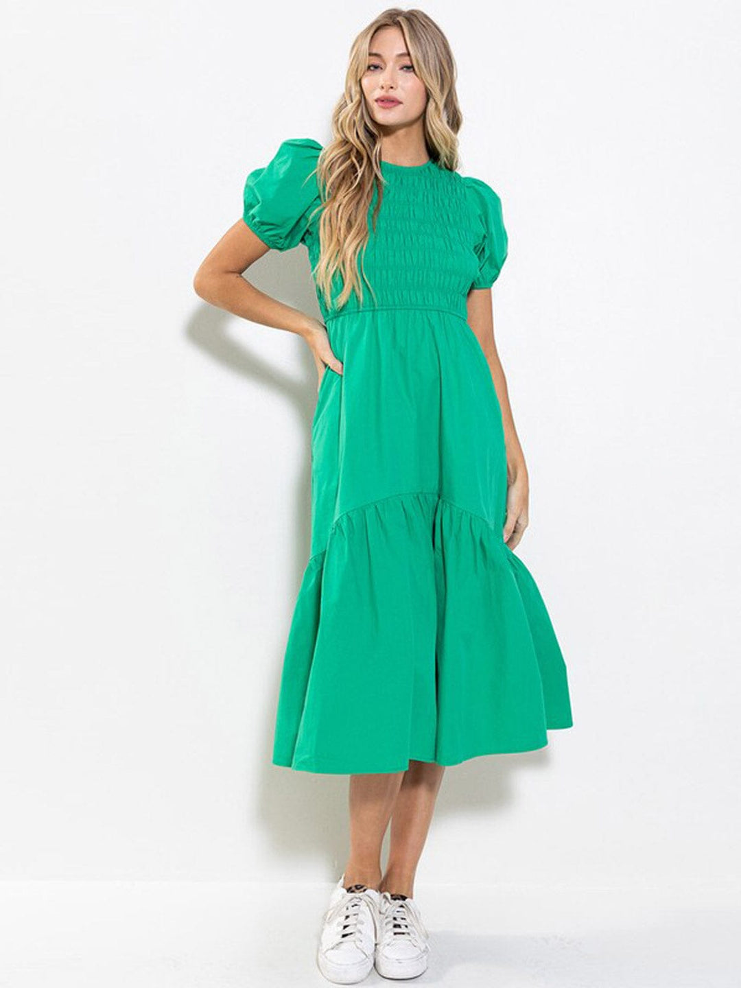 WOMEN'S SHORT PUFF SLEEVE SMOCK POCKETS TIERED MAXI DRESS