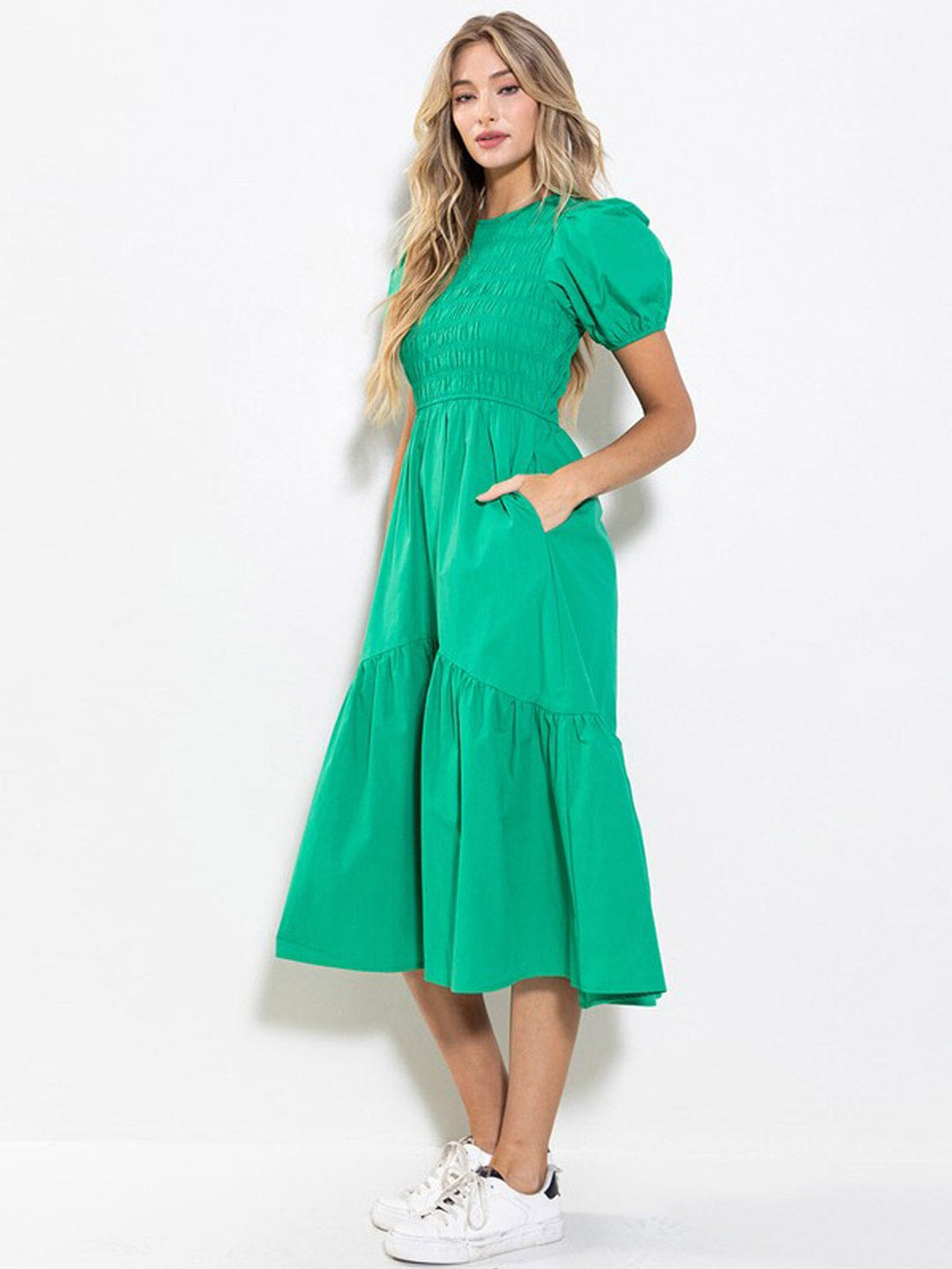 WOMEN'S SHORT PUFF SLEEVE SMOCK POCKETS TIERED MAXI DRESS