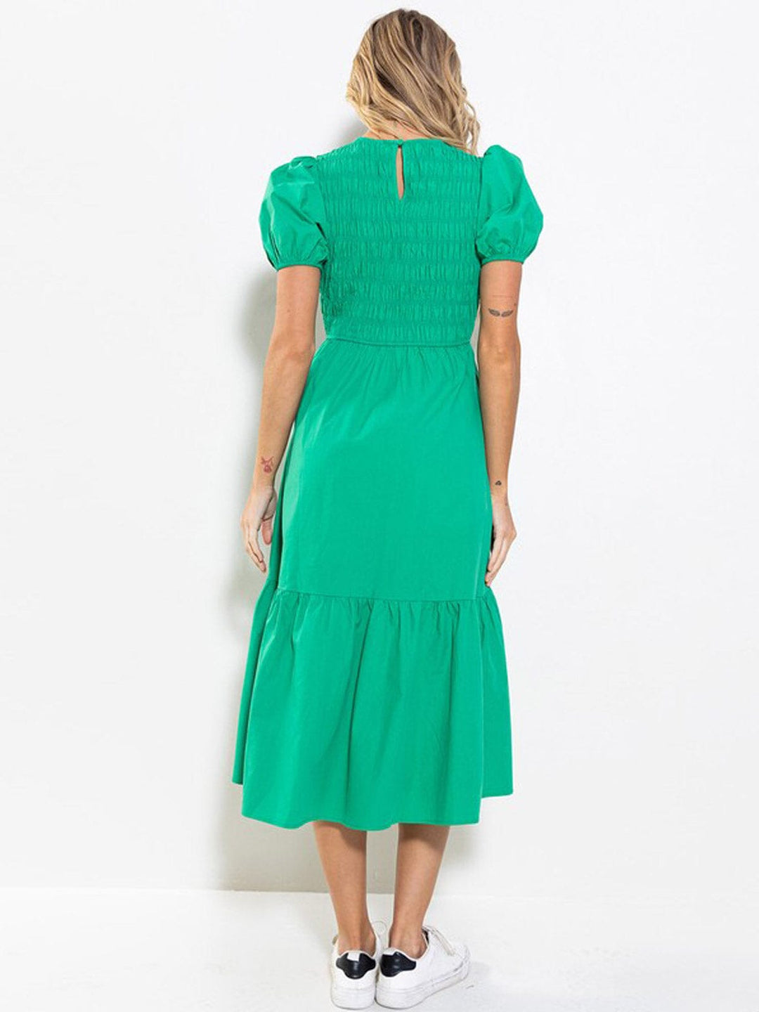 WOMEN'S SHORT PUFF SLEEVE SMOCK POCKETS TIERED MAXI DRESS