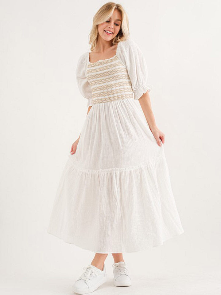 WOMEN'S SHORT PUFF SLEEVE SQUARE NECK SMOCK POCKETS TIERED MAXI DRESS