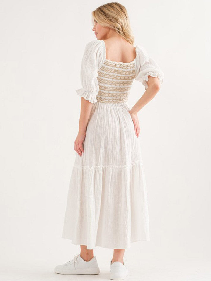 WOMEN'S SHORT PUFF SLEEVE SQUARE NECK SMOCK POCKETS TIERED MAXI DRESS