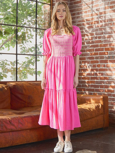 WOMEN'S SHORT PUFF SLEEVE SQUARE NECK SMOCK POCKETS TIERED MAXI DRESS