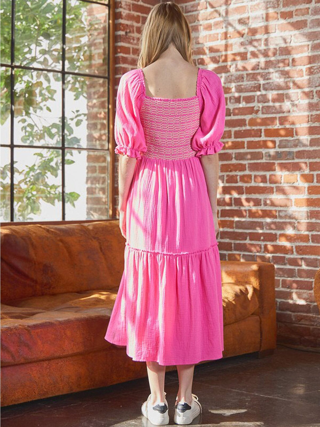 WOMEN'S SHORT PUFF SLEEVE SQUARE NECK SMOCK POCKETS TIERED MAXI DRESS