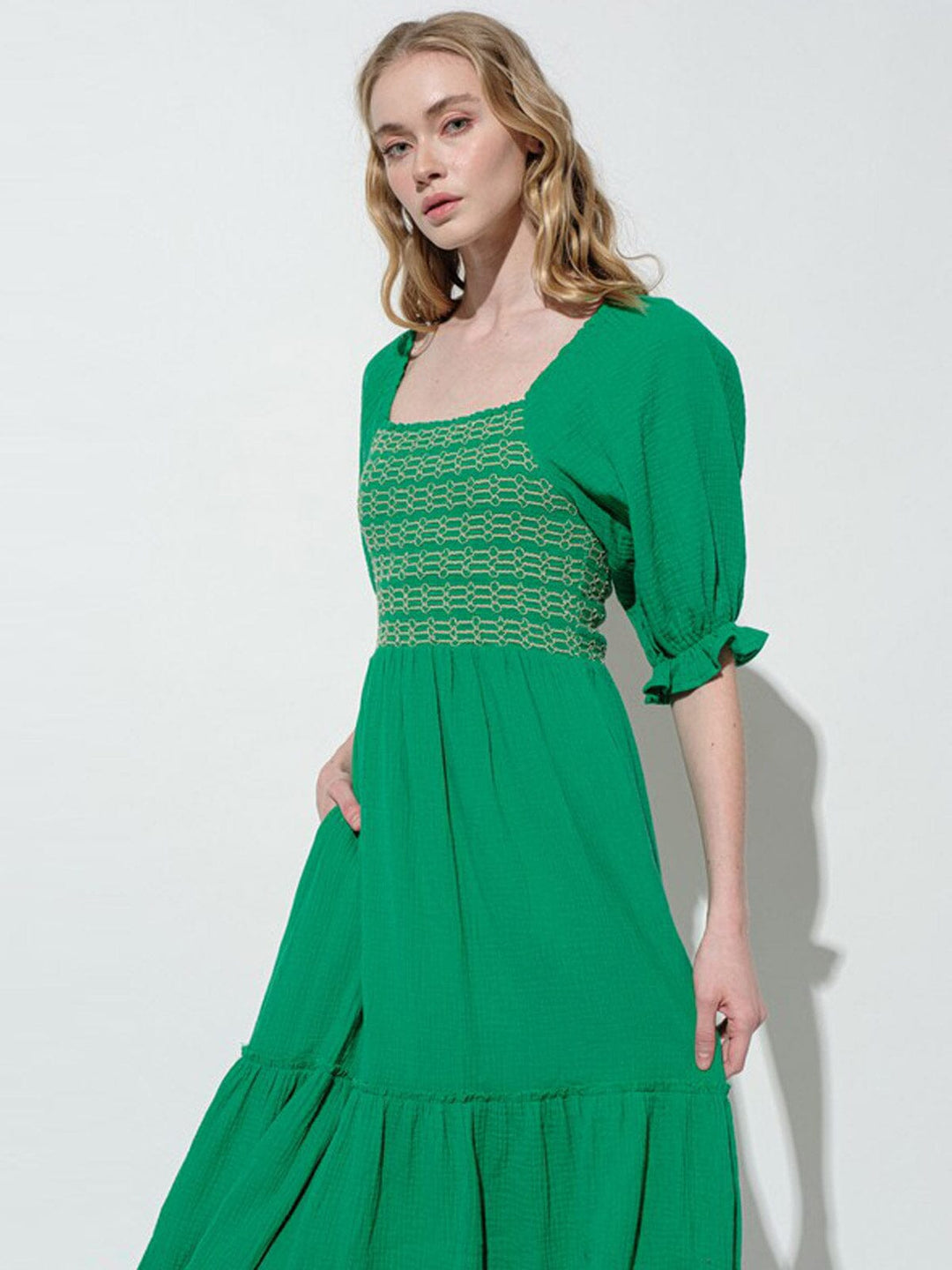 WOMEN'S SHORT PUFF SLEEVE SQUARE NECK SMOCK POCKETS TIERED MAXI DRESS