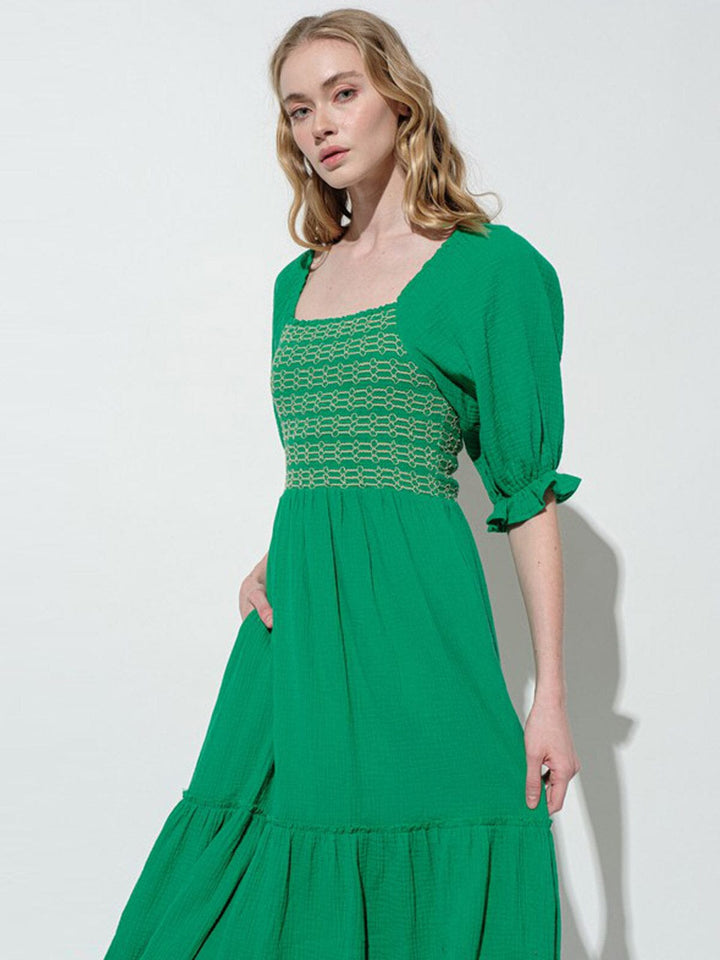 WOMEN'S SHORT PUFF SLEEVE SQUARE NECK SMOCK POCKETS TIERED MAXI DRESS