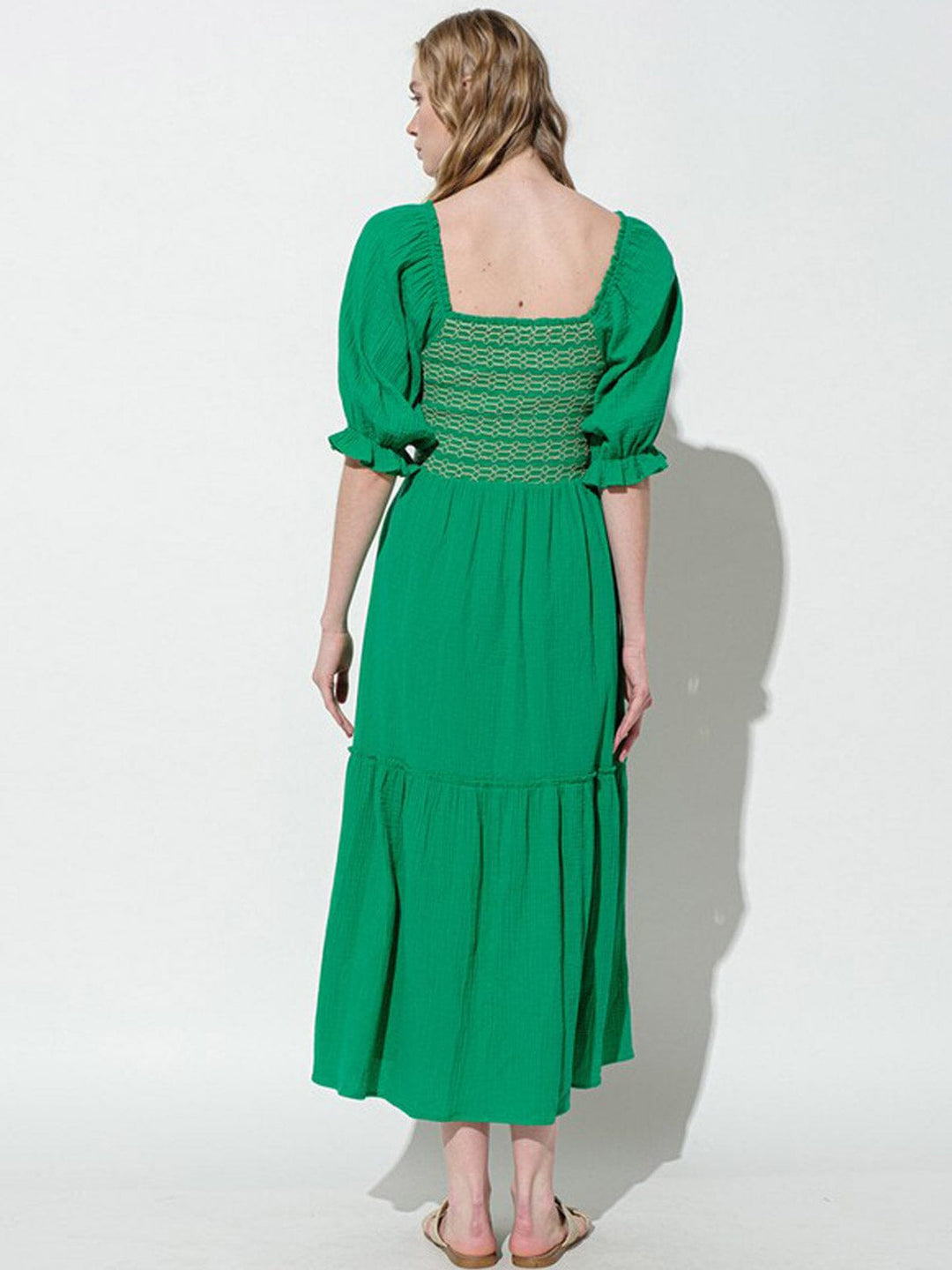 WOMEN'S SHORT PUFF SLEEVE SQUARE NECK SMOCK POCKETS TIERED MAXI DRESS