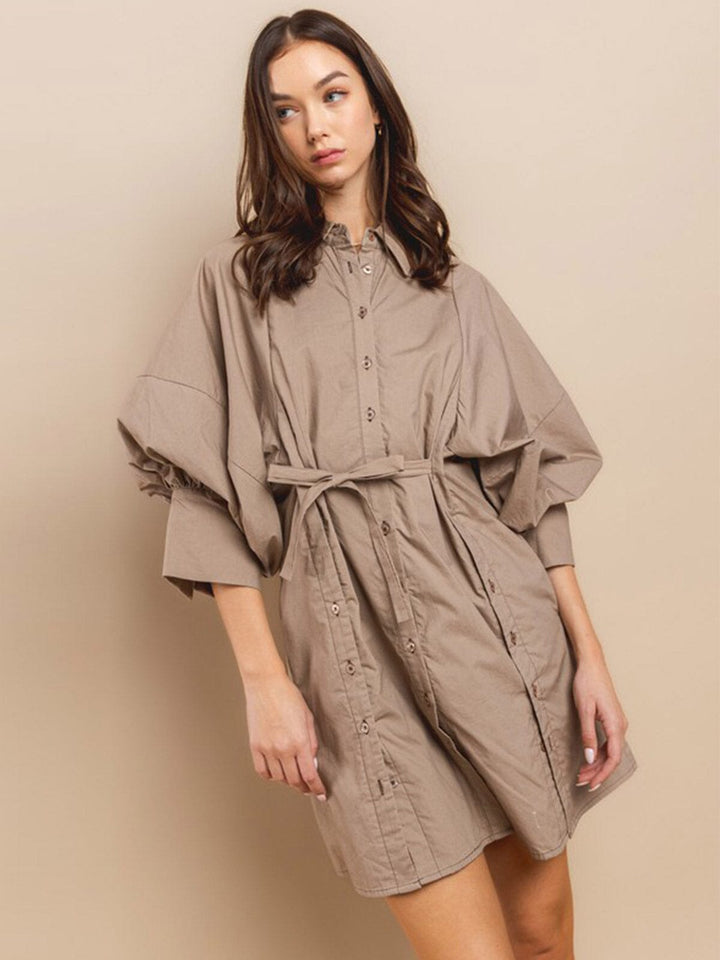 WOMEN'S LONG RUCHED SLEEVE BUTTON UP SELF TIE MINI DRESS