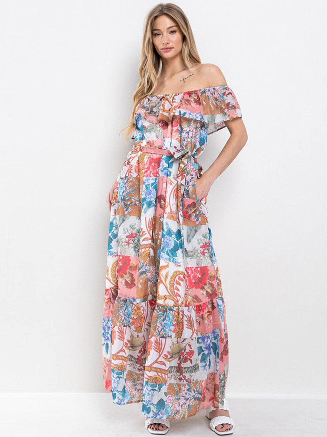 WOMEN'S OFF SHOULDER RUFFLE POCKETS FLORAL MAXI DRESS