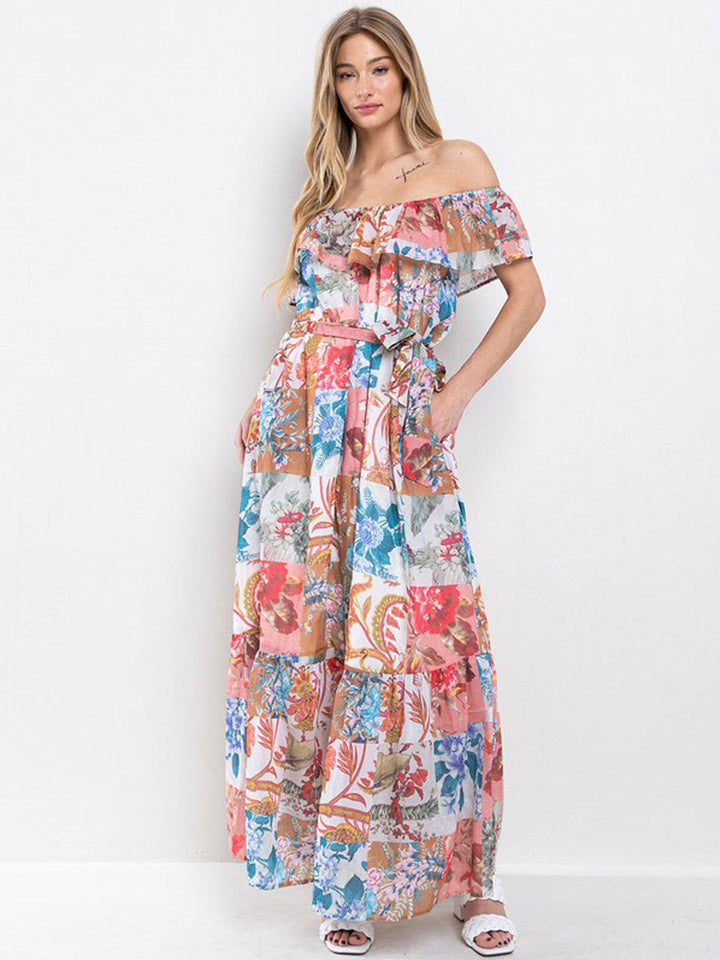 WOMEN'S OFF SHOULDER RUFFLE POCKETS FLORAL MAXI DRESS