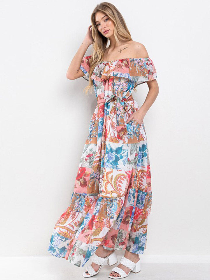WOMEN'S OFF SHOULDER RUFFLE POCKETS FLORAL MAXI DRESS