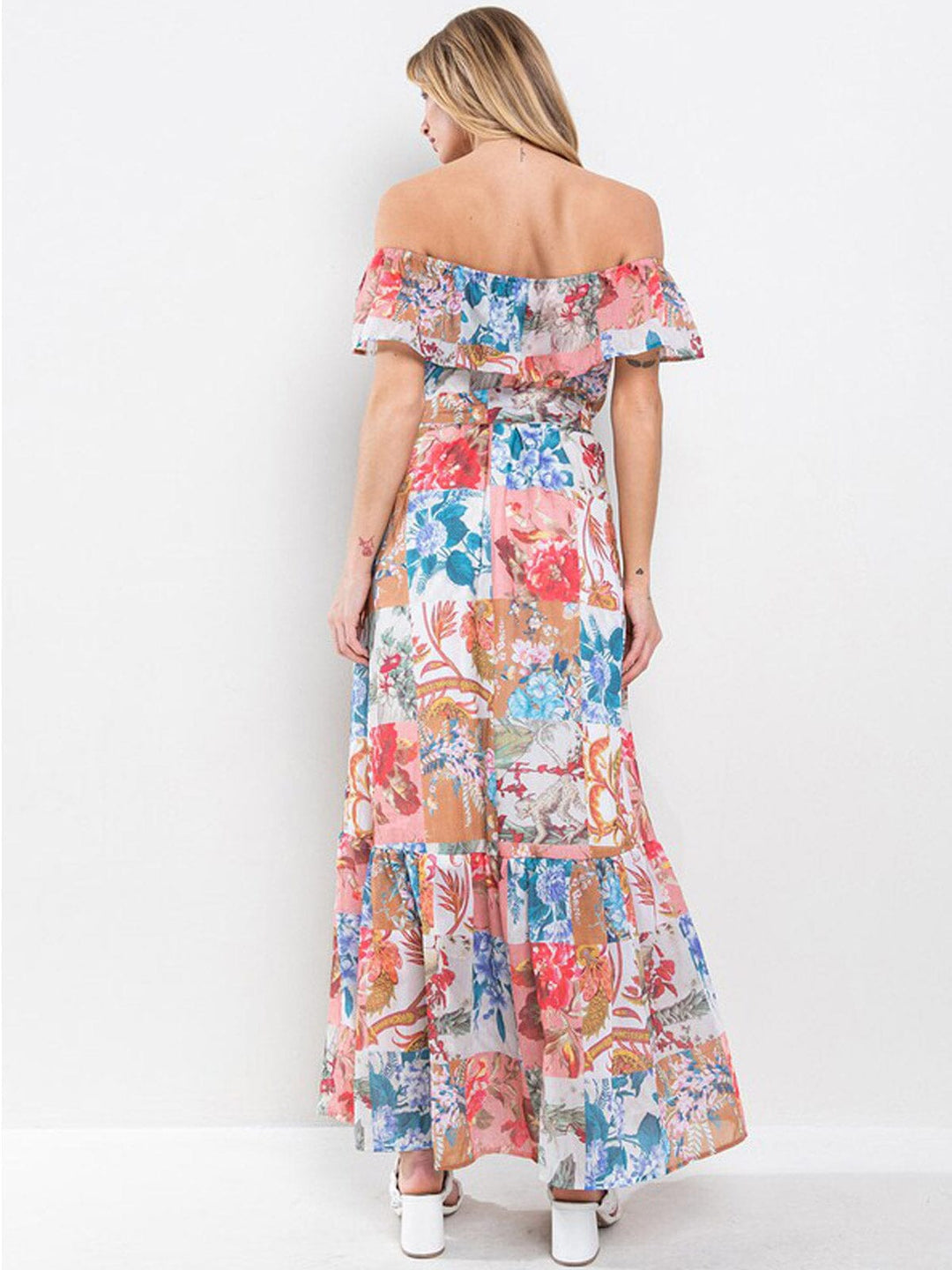 WOMEN'S OFF SHOULDER RUFFLE POCKETS FLORAL MAXI DRESS