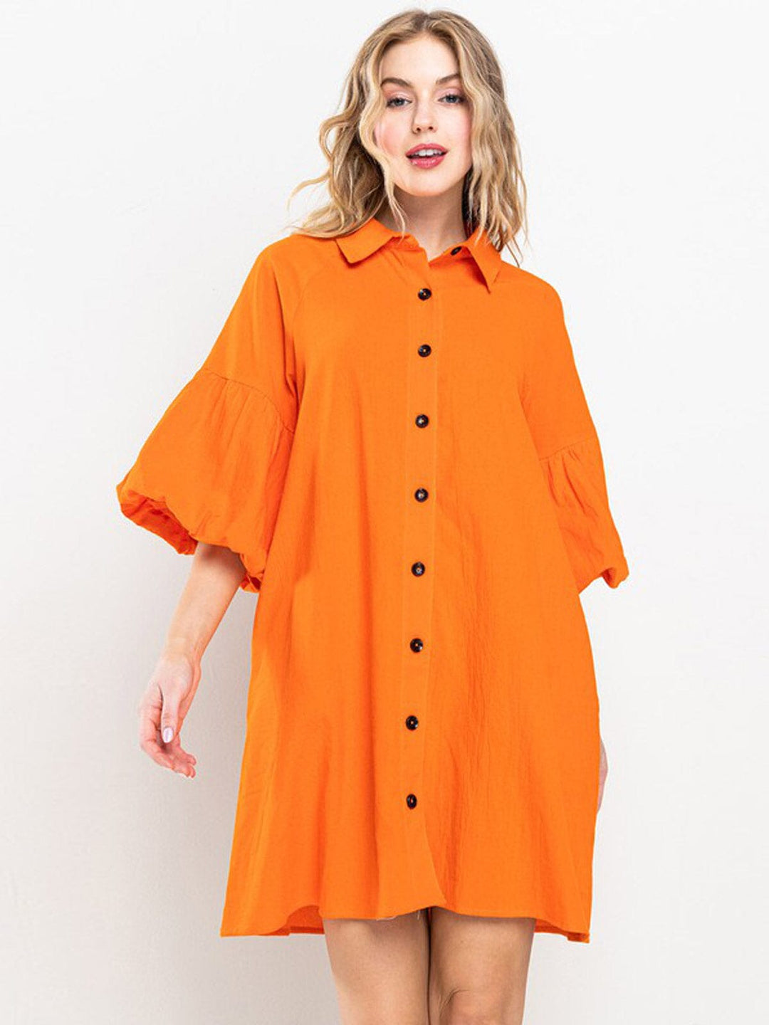 WOMEN'S SHORT PUFF SLEEVES BUTTON UP POCKETS MINI DRESS