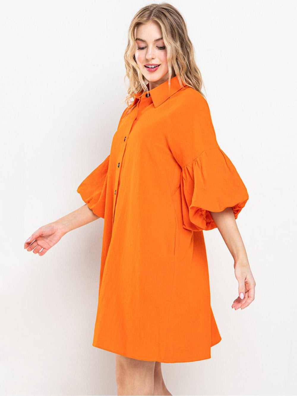 WOMEN'S SHORT PUFF SLEEVES BUTTON UP POCKETS MINI DRESS