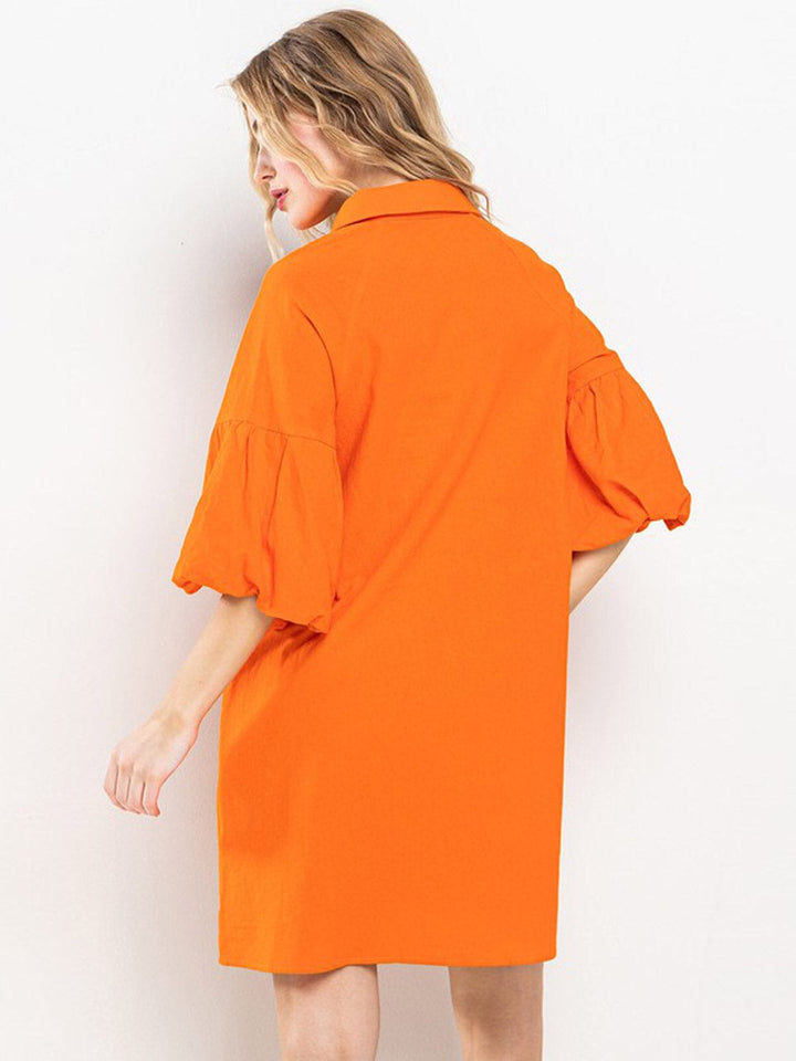 WOMEN'S SHORT PUFF SLEEVES BUTTON UP POCKETS MINI DRESS