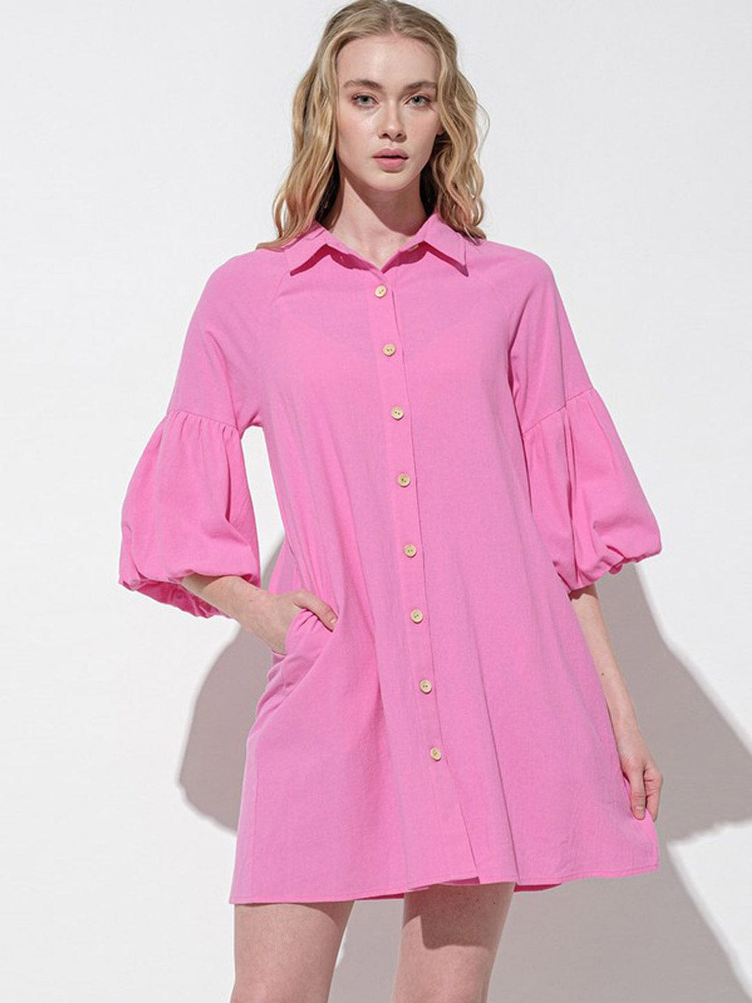 WOMEN'S SHORT PUFF SLEEVES BUTTON UP POCKETS MINI DRESS
