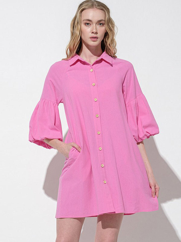 WOMEN'S SHORT PUFF SLEEVES BUTTON UP POCKETS MINI DRESS