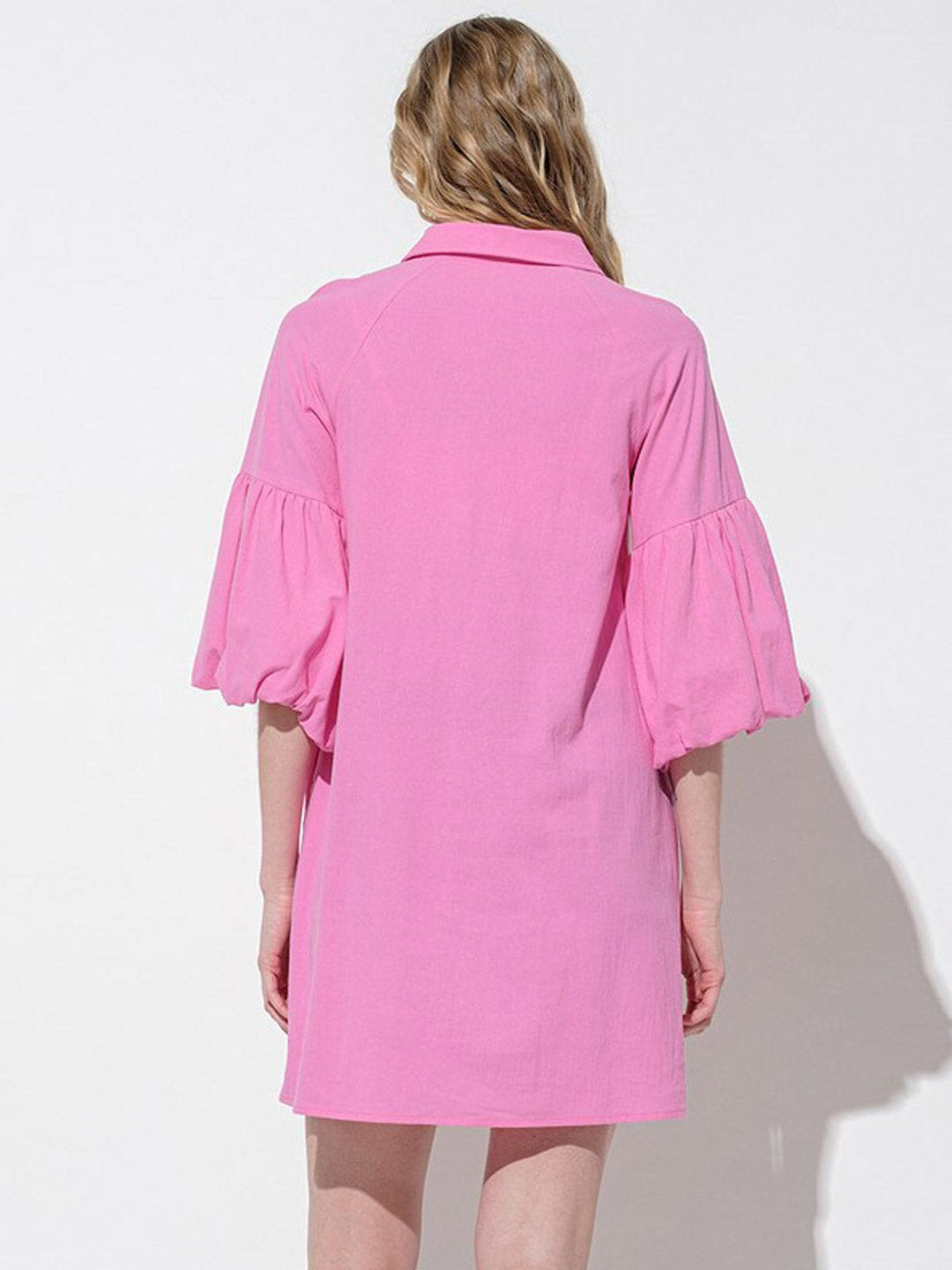 WOMEN'S SHORT PUFF SLEEVES BUTTON UP POCKETS MINI DRESS