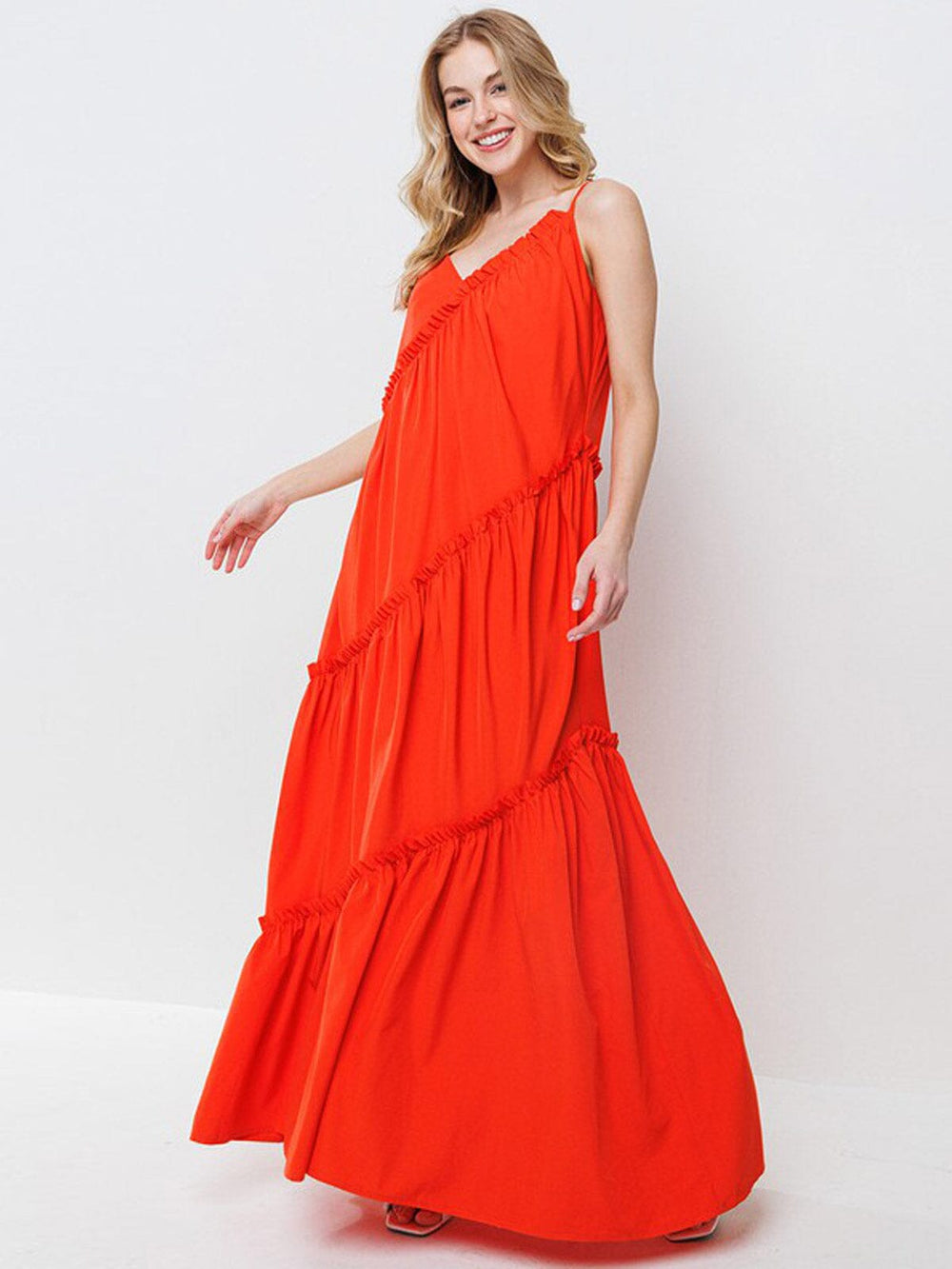 WOMEN'S SLEEVELESS V-NECK TIERED RUFFLE MAXI DRESS