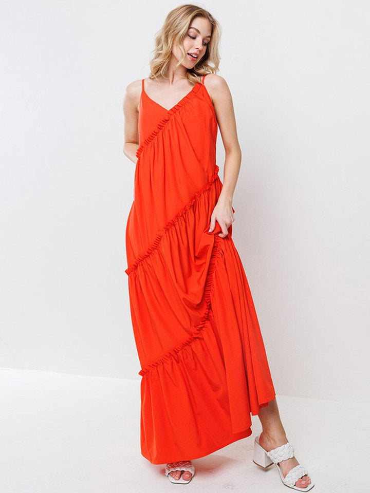 WOMEN'S SLEEVELESS V-NECK TIERED RUFFLE MAXI DRESS