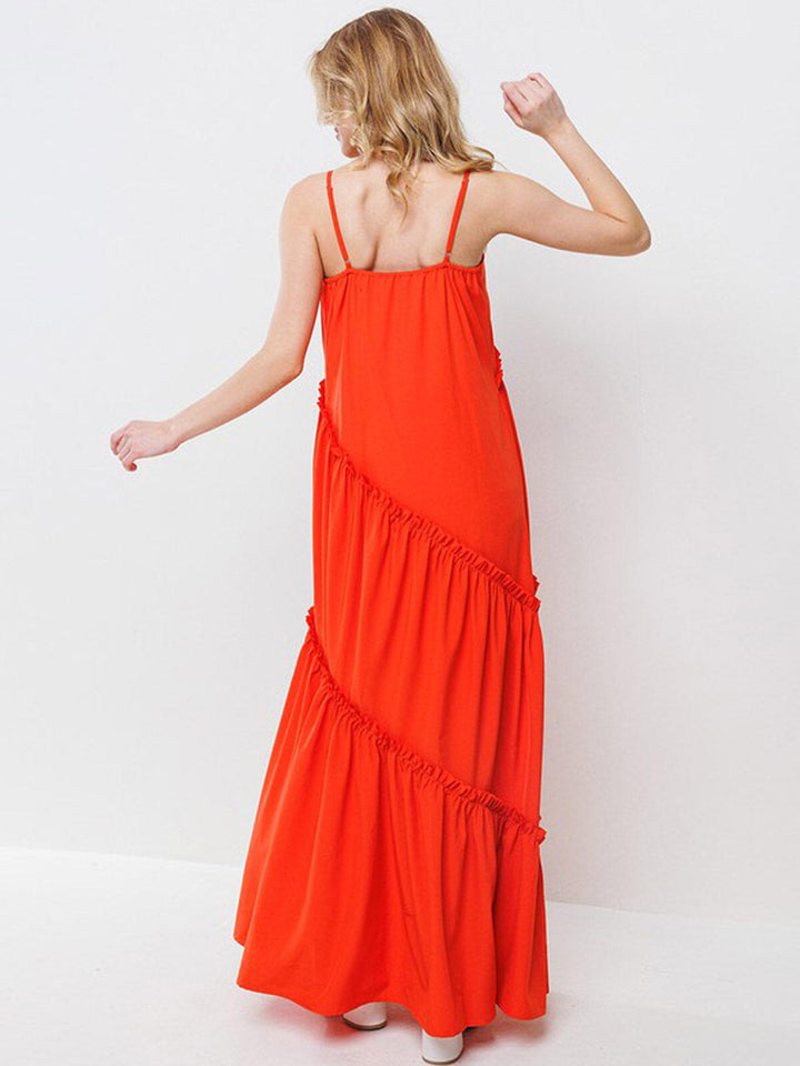 WOMEN'S SLEEVELESS V-NECK TIERED RUFFLE MAXI DRESS