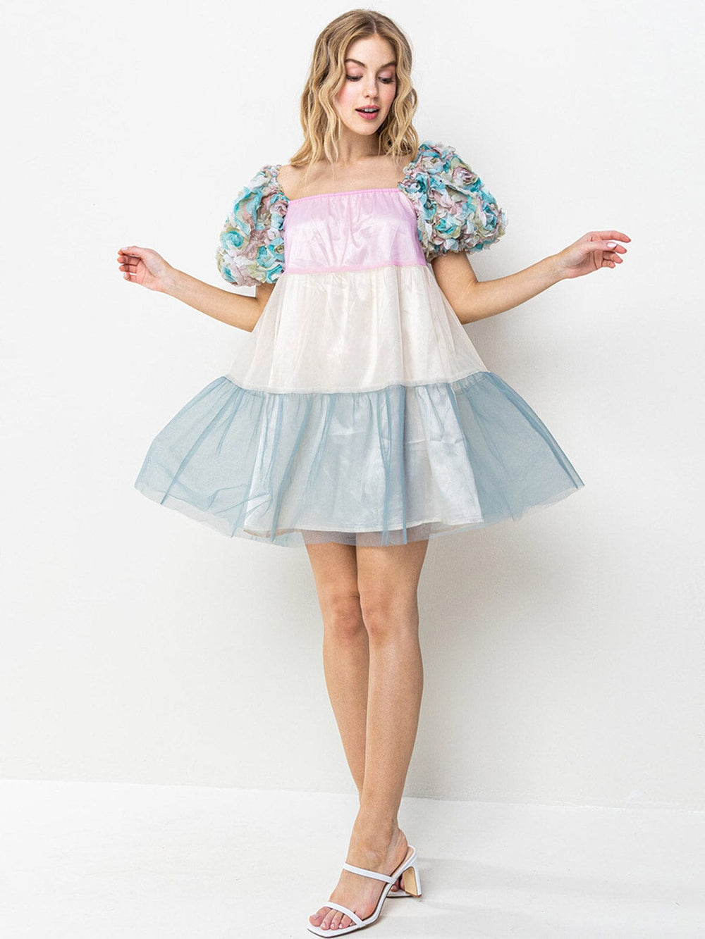 WOMEN'S SHORT PUFF SLEEVES TIERED COLORBLOCK TUNIC MINI DRESS