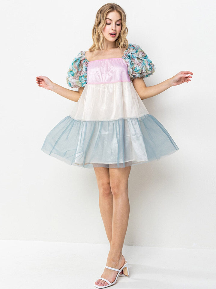 WOMEN'S SHORT PUFF SLEEVES TIERED COLORBLOCK TUNIC MINI DRESS