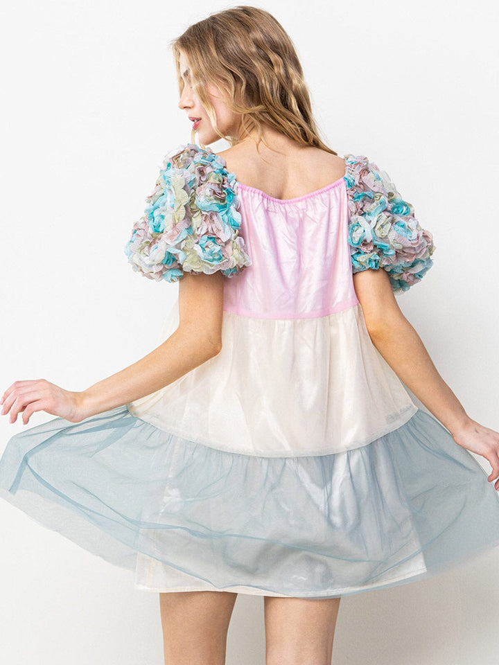 WOMEN'S SHORT PUFF SLEEVES TIERED COLORBLOCK TUNIC MINI DRESS