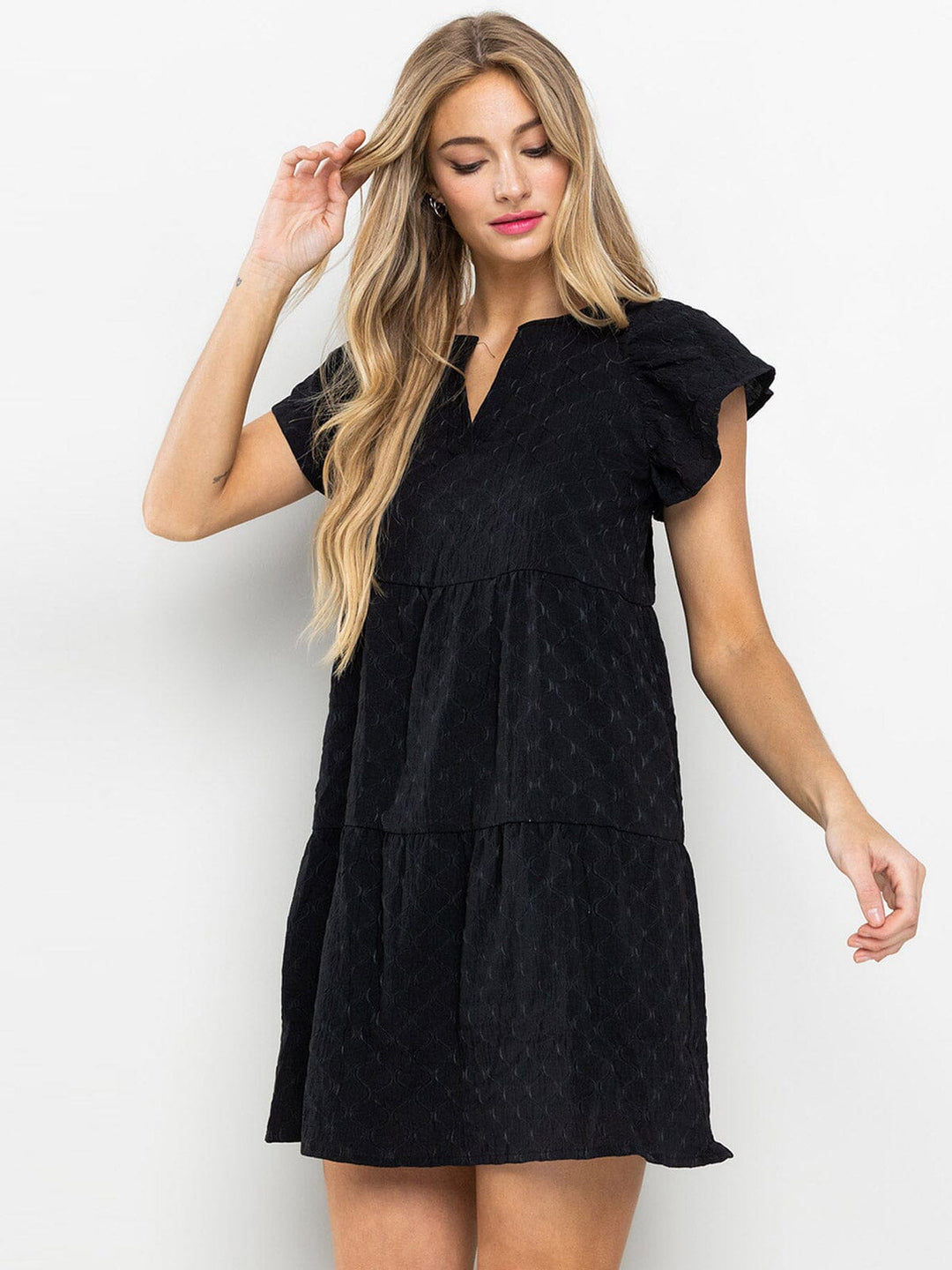 WOMEN'S SHORT RUFFLE SLEEVES DETAILED TIERED TUNIC MINI DRESS