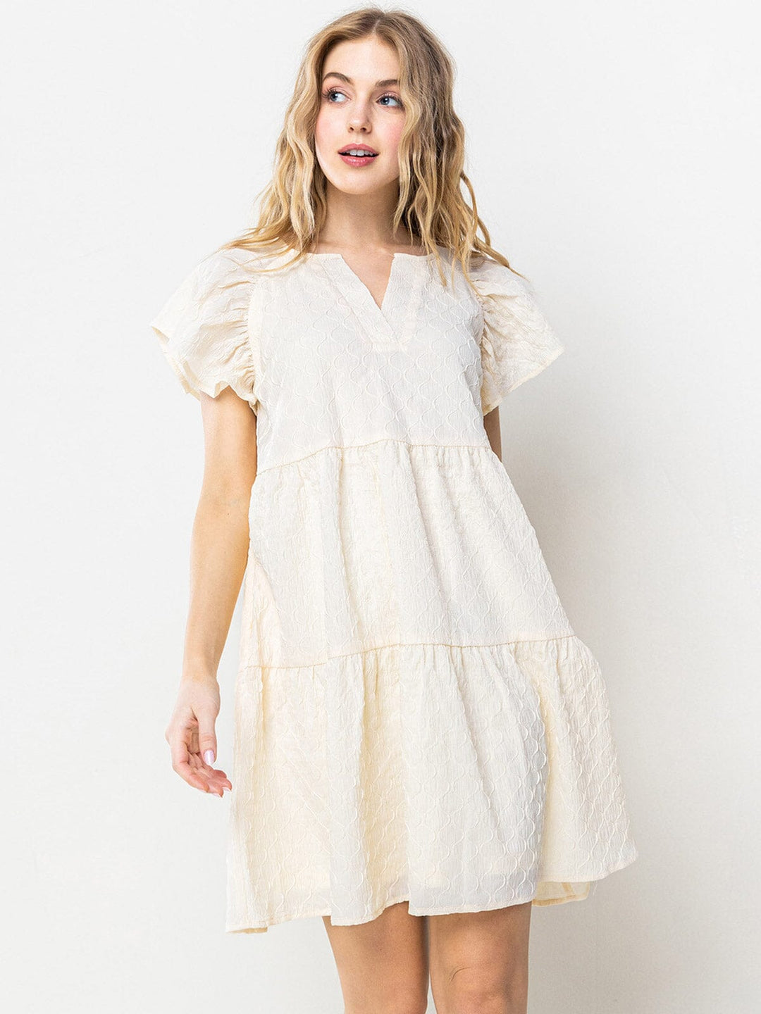 WOMEN'S SHORT RUFFLE SLEEVES DETAILED TIERED TUNIC MINI DRESS