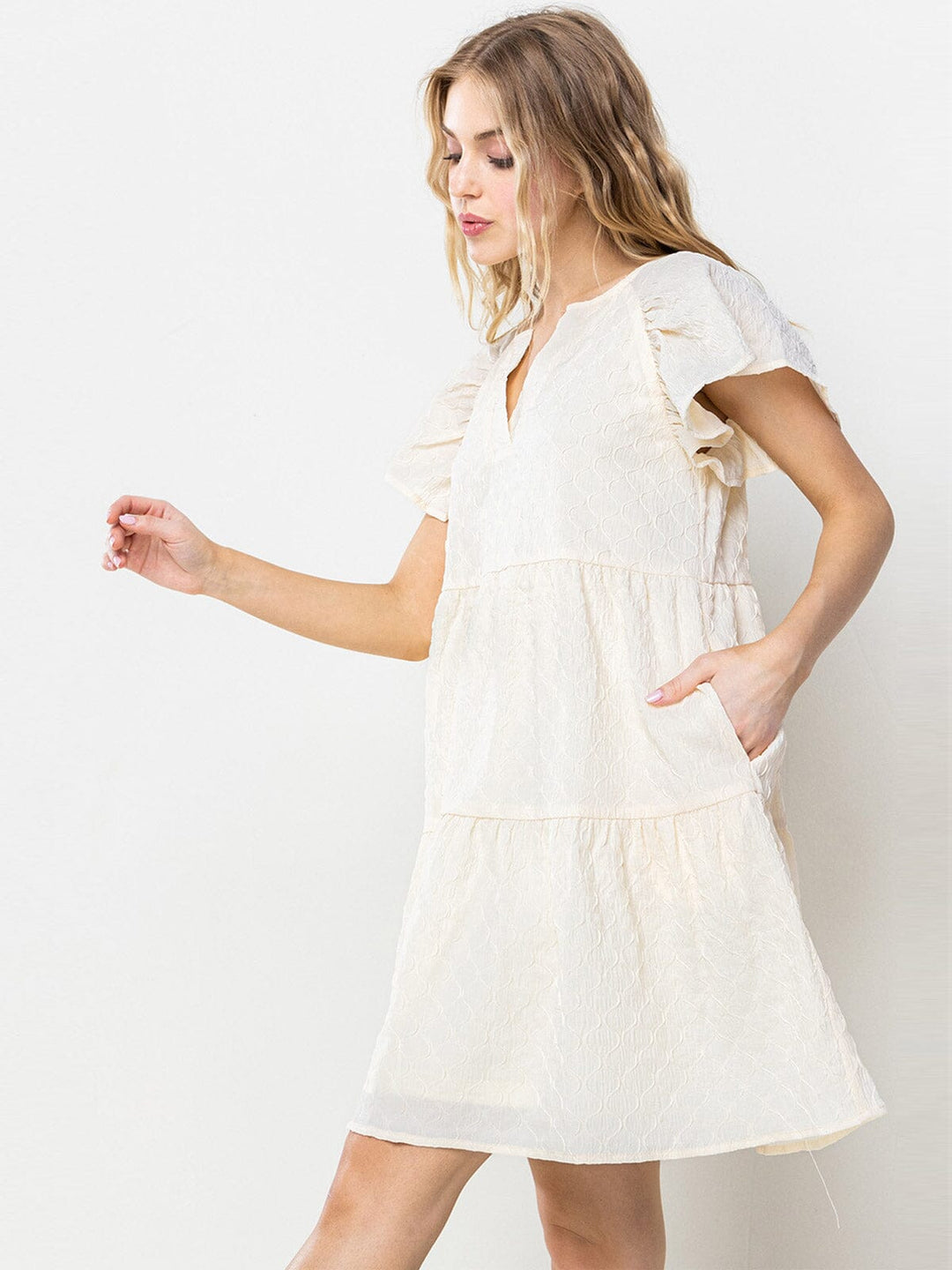 WOMEN'S SHORT RUFFLE SLEEVES DETAILED TIERED TUNIC MINI DRESS