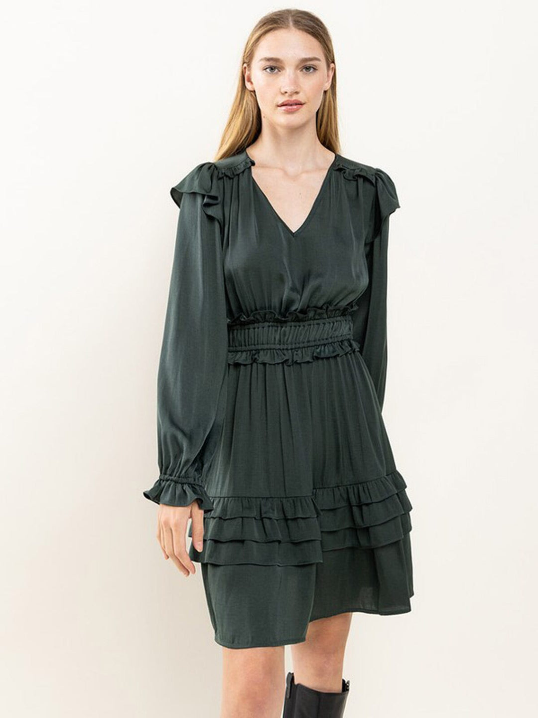 WOMEN'S LONG SLEEVE V-NECK SMOCK RUFFLE DETAILED MINI DRESS
