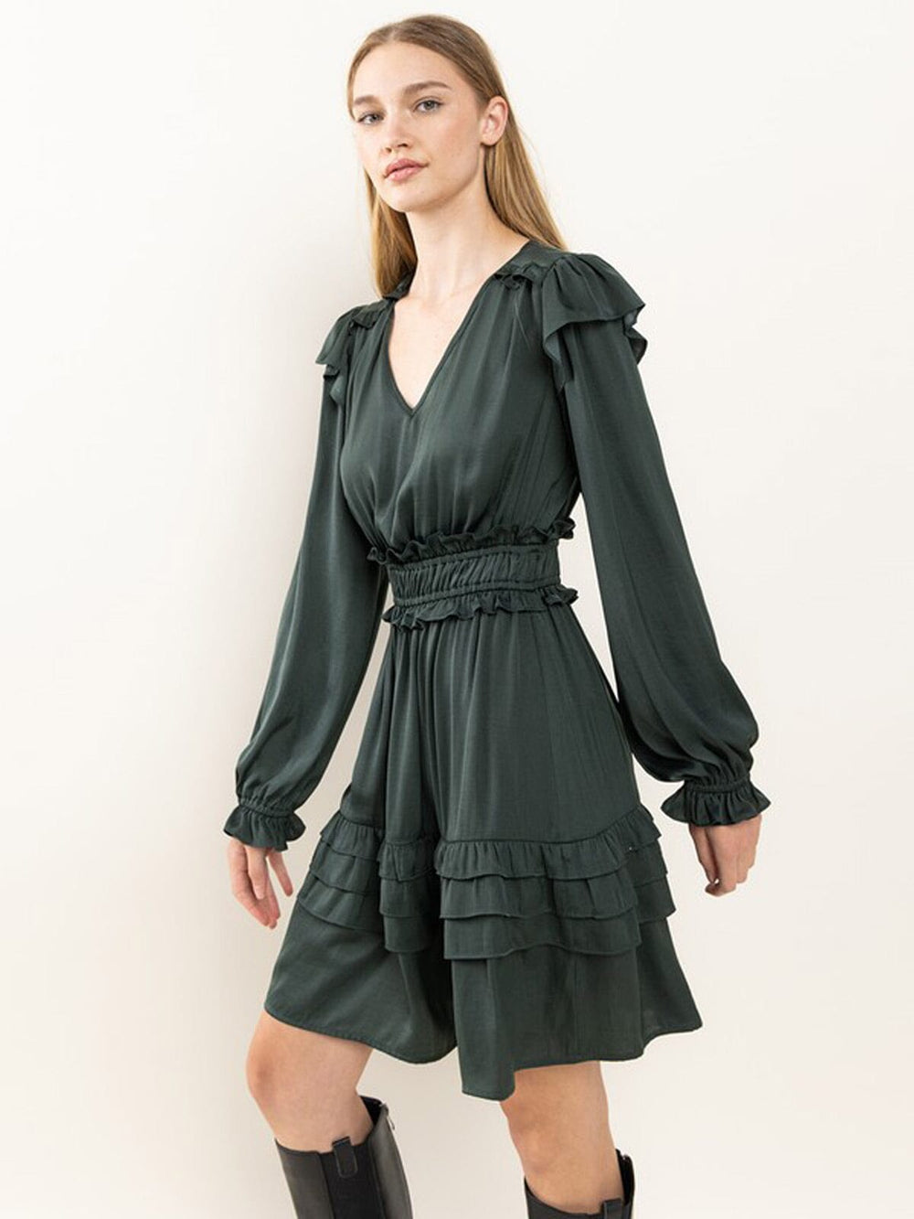 WOMEN'S LONG SLEEVE V-NECK SMOCK RUFFLE DETAILED MINI DRESS