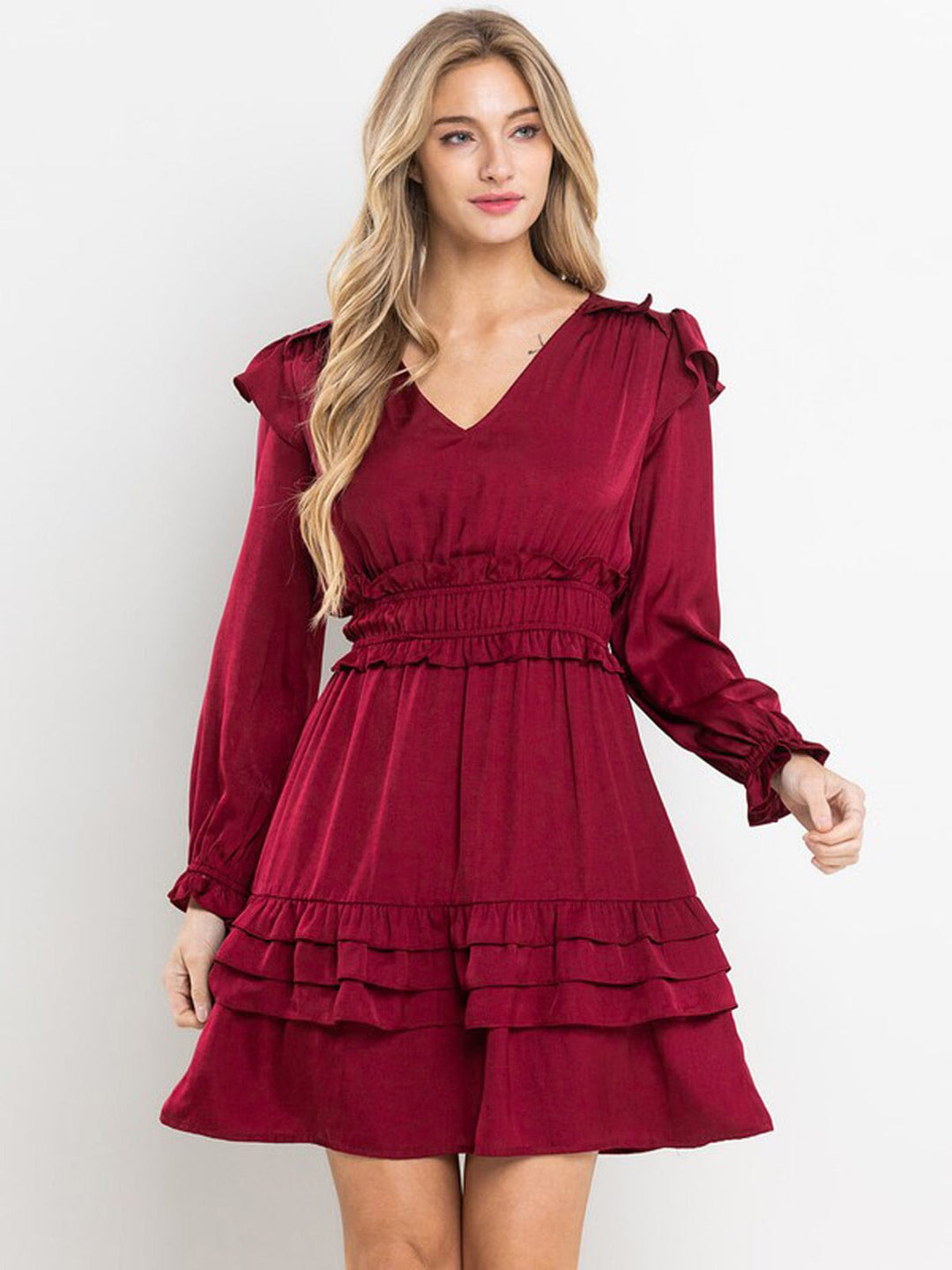 WOMEN'S LONG SLEEVE V-NECK SMOCK RUFFLE DETAILED MINI DRESS