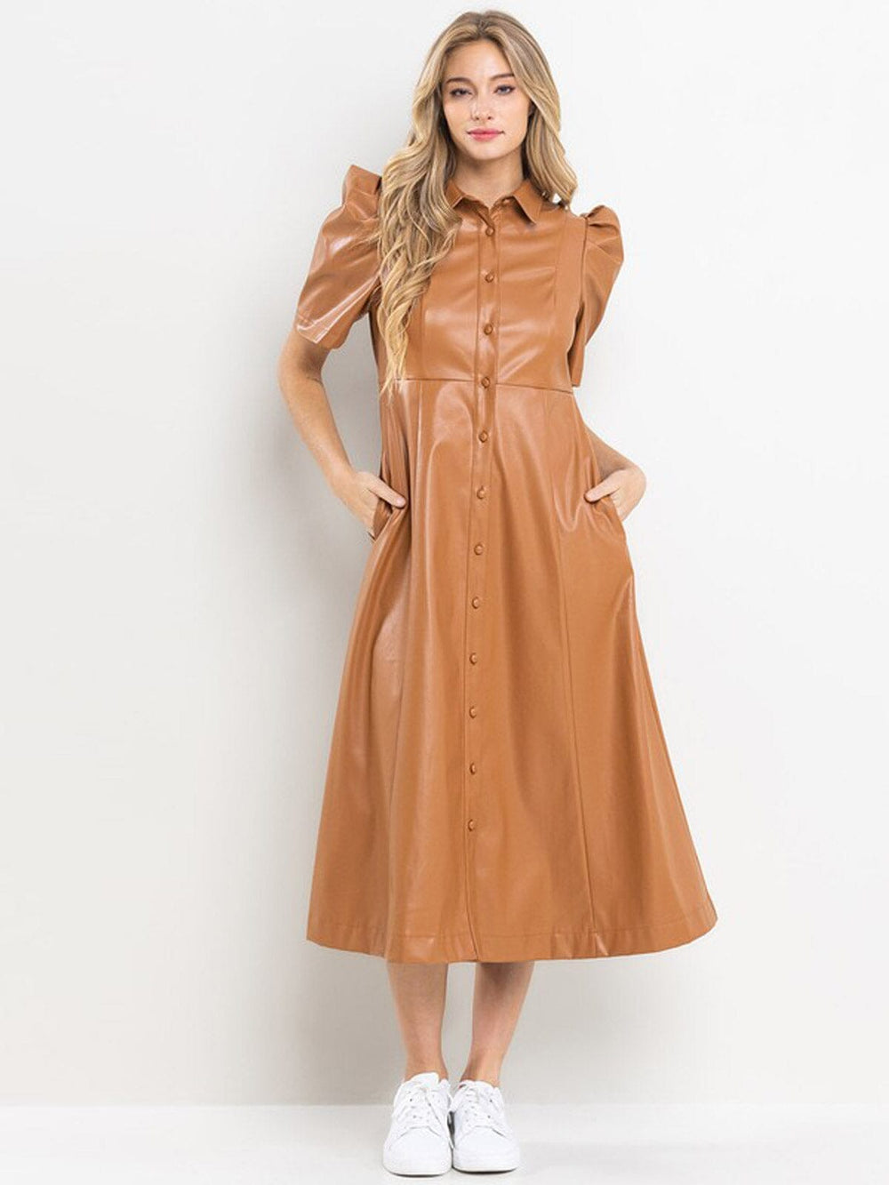 WOMEN'S SHORT SLEEVE POCKETS BUTTON UP PU PLEATHER MIDI DRESS