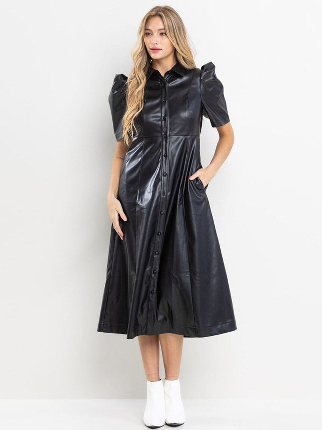 WOMEN'S SHORT SLEEVE POCKETS BUTTON UP PU PLEATHER MIDI DRESS