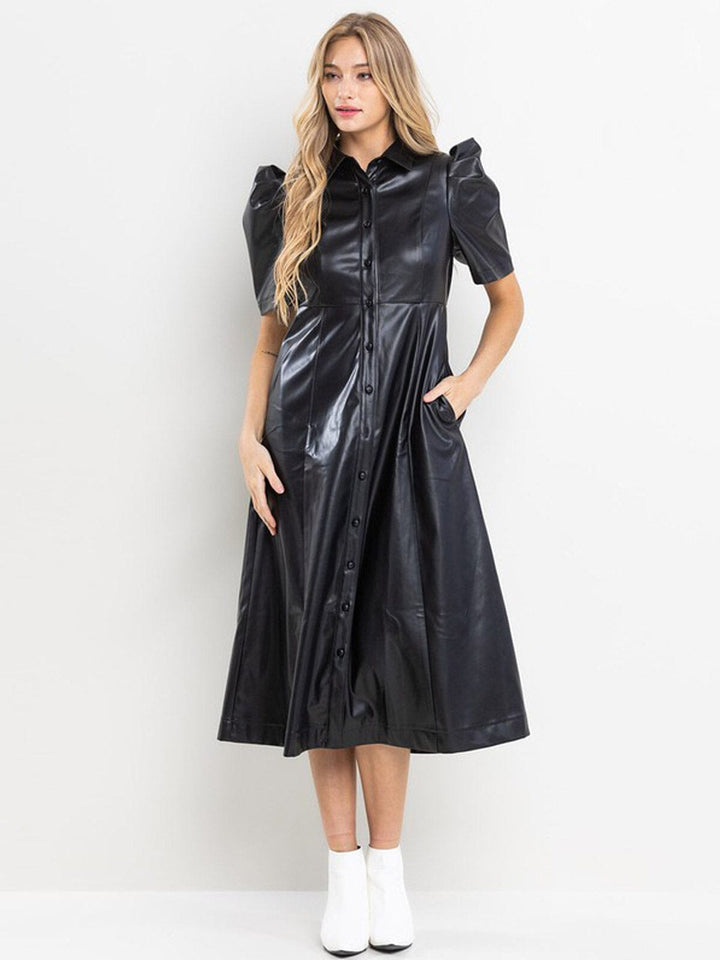 WOMEN'S SHORT SLEEVE POCKETS BUTTON UP PU PLEATHER MIDI DRESS