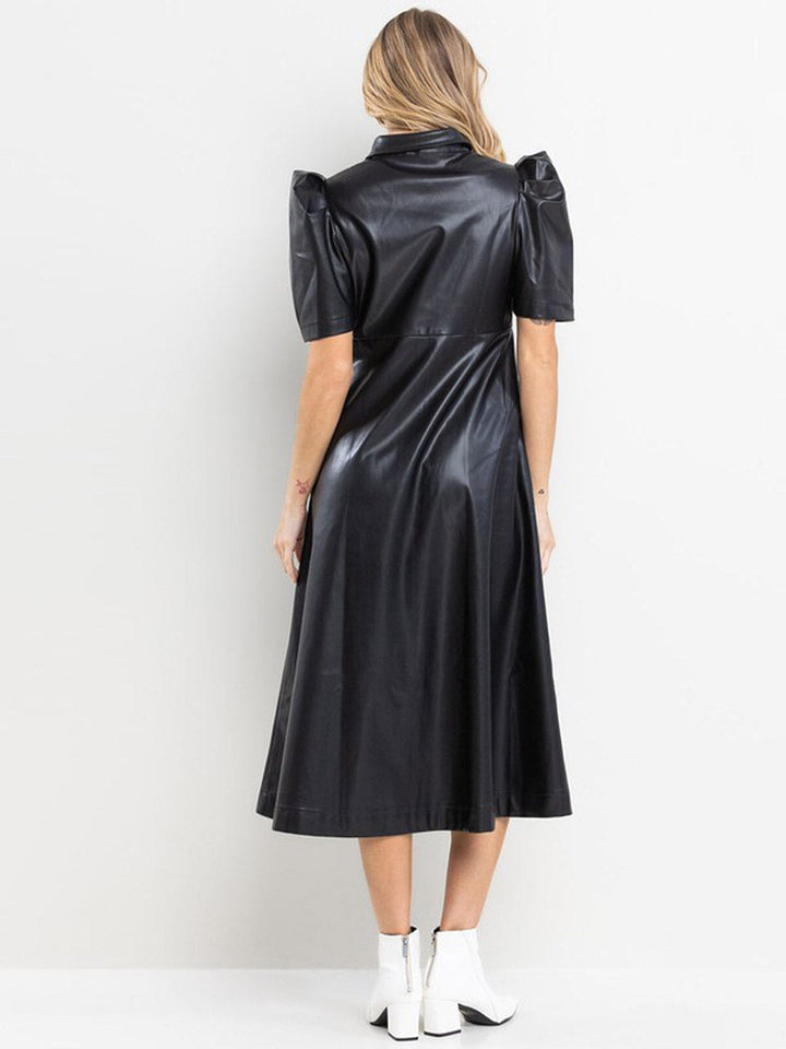 WOMEN'S SHORT SLEEVE POCKETS BUTTON UP PU PLEATHER MIDI DRESS