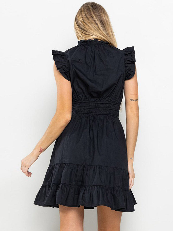 WOMEN'S SLEEVELESS MOCK NECK RUFFLE TIERED MINI DRESS